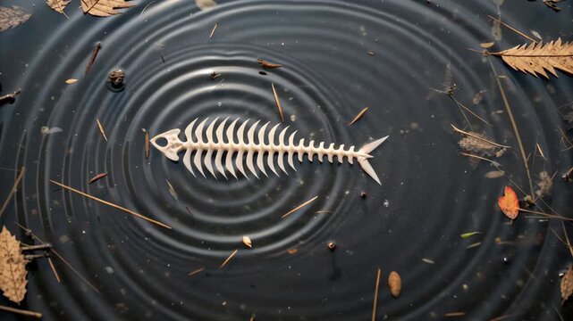 Fish Skeleton Surfaces Dark Water, Creating Ripples Amidst Fallen Leaves in Serene Aquatic Nature Scene