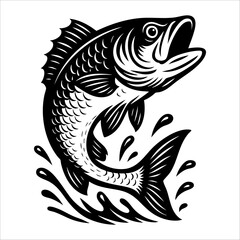 Set of Vintage Bass Fish Illustrations – Jumping and Splashing in Black and White