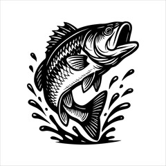 Set of Vintage Bass Fish Illustrations – Jumping and Splashing in Black and White