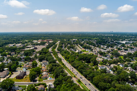 Aerial view of southern state parkway on Long Island New York on a spring day.