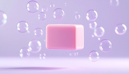 Pink soap bar floating amidst transparent, spherical bubbles on a soft purple background.