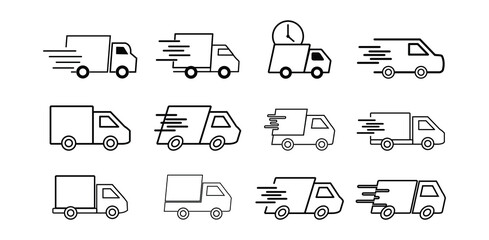  Express Shipping Truck Icon collections – Bold Black Vector for Fast Delivery, Tracking and Logistics UI.