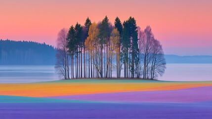 Obraz premium Colorful Fields and Misty Island Landscape at Sunrise