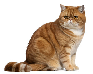 Striking Orange Exotic Shorthair Cat with Amber Eyes Sitting Calmly.