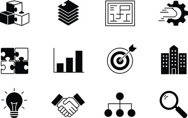 Black and White Business Icons: Puzzle, Graph, Target, Buildings, Handshake