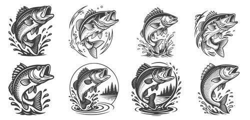 Vintage Jumping Fish Illustrations for Fishing T-Shirt and Logo Designs