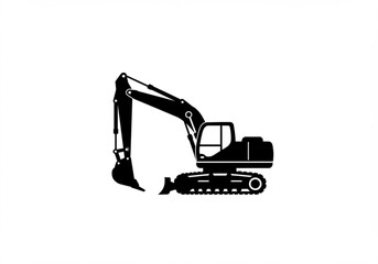 Black silhouette of a tracked excavator on a white background