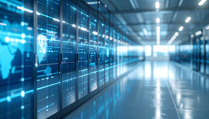 Digital Data Center: An eye-level shot unveils the intricate architecture of a digital data center, where rows of server racks pulse with advanced technology.