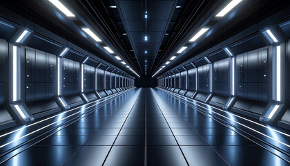 Naklejka premium Futuristic Corridor: A perspective view down a metallic, futuristic corridor bathed in cool blue and white lighting, with a sense of advanced technology and architectural elegance.