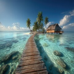 Wooden path winds through lush palms to a hidden bungalow above a turquoise lagoon under a bright tropical sky, rich with color and morning light.