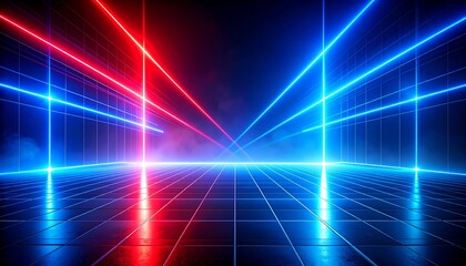 Abstract digital illustration featuring vibrant red and blue neon light beams intersecting in a futuristic grid environment.