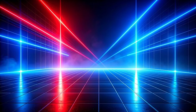 Abstract digital illustration featuring vibrant red and blue neon light beams intersecting in a futuristic grid environment.