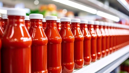 Many bottles of tomato ketchup on the shelf