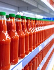 Many bottles of tomato ketchup on the shelf