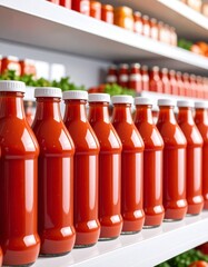 Many bottles of tomato ketchup on the shelf