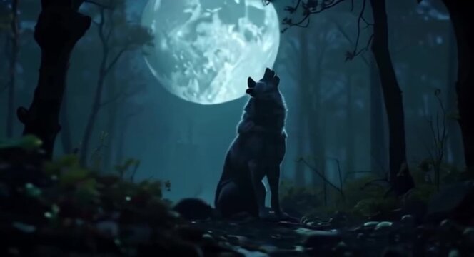 Wolf howling at moon in dark forest