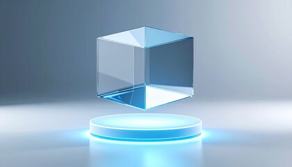 A transparent, geometric cube levitates above a glowing, circular platform.