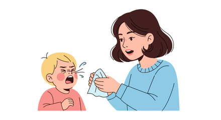 Child Sneezing with Mother Offering Tissue Cartoon Illustration Illness Concept.