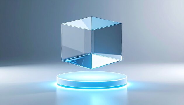 A transparent, geometric cube levitates above a glowing, circular platform. - Powered by Adobe