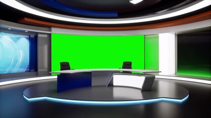 3D virtual news studio with green screen, featuring modern design, digital screens, and sleek lighting—ideal for broadcasts, interviews, and customizable backgrounds.
