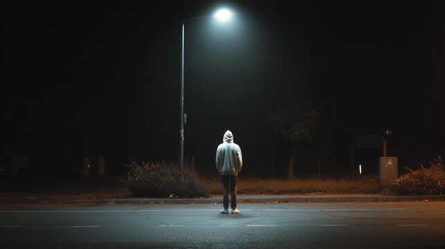 A man is standing on the street at night