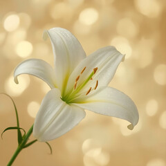 The image features a closeup of a white glitter lily flower with a golden bokeh background.