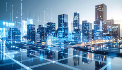 Smart City Digital Connection: Aerial perspective of illuminated smart city buildings connected by digital grids creating an interconnected metropolis of digital infrastructure and innovation.