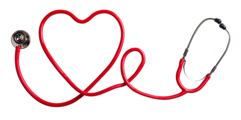 Stethoscope heart shape with red tube and metal chest piece isolated on transparent background.