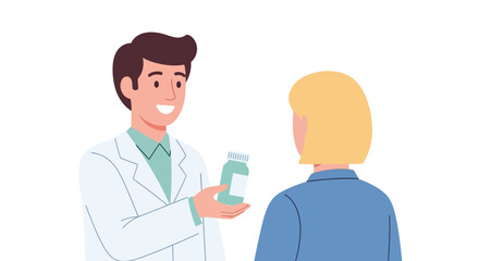 Fototapeta premium Smiling Doctor Holding Pill Bottle for Patient in Consultation Setting.