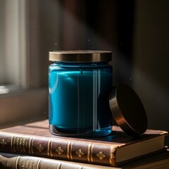 Blue Candle - Stack of Books, Cozy Home Decor, Window Light, Reading Ambiance, Peaceful Hygge Lifestyle, Tranquil Leisure Moment