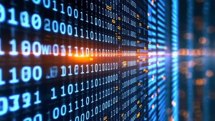 Dynamic visualization of binary code flowing through a digital landscape, illustrating technology advancement - Powered by Adobe