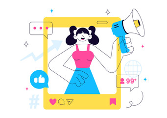 Influencer Marketing Vector Illustration Featuring Social Media Posts on the Internet for Marketing Strategies to Promote Products or Endorsements