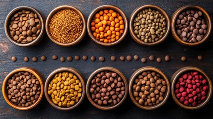 Colorful Variety of Spices and Seeds in Wooden Bowls on Dark Table