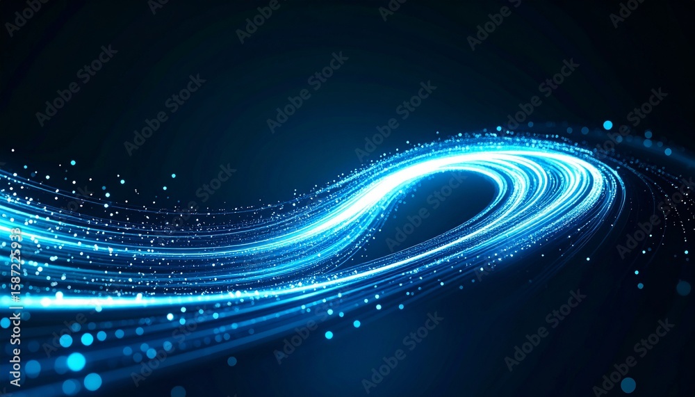 Wall mural an abstract swirl of glowing blue light trails and particles moving rapidly across a dark background