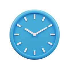 Simple 3d blue clock with white hour and minute hands isolated on transparent background