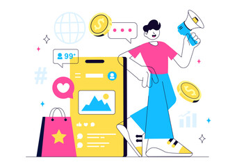Influencer Marketing Vector Illustration Featuring Social Media Posts on the Internet for Marketing Strategies to Promote Products or Endorsements