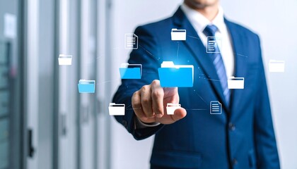 businessman pushing a button on a touch screen