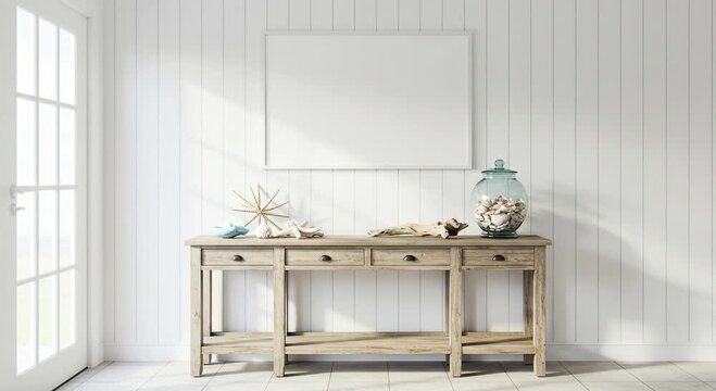 Coastal home decor with seashells and blank frame on console table