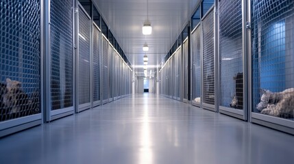 Tranquil Hallway of Animal Shelter with Kennels on Both Sides
