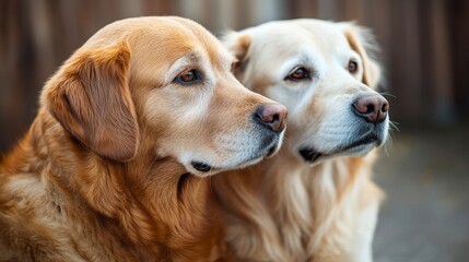 Two Golden Retrievers Sitting Together in Soft Natural Lighting