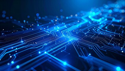 Abstract digital circuit board design with glowing blue pathways.