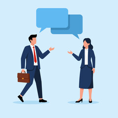 Illustration of a businessman and businesswoman with speech bubbles, symbolizing business communication and professional discussion.
