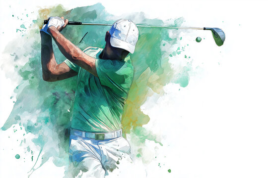 A highly detailed watercolor of an elegant man golfing in green and white attire, seen from the side on a clean background
