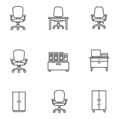 Minimalist outline icons of office furniture including chairs desks and storage units