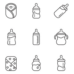 Outline icons depicting baby items including bottles swaddling and newborn essentials