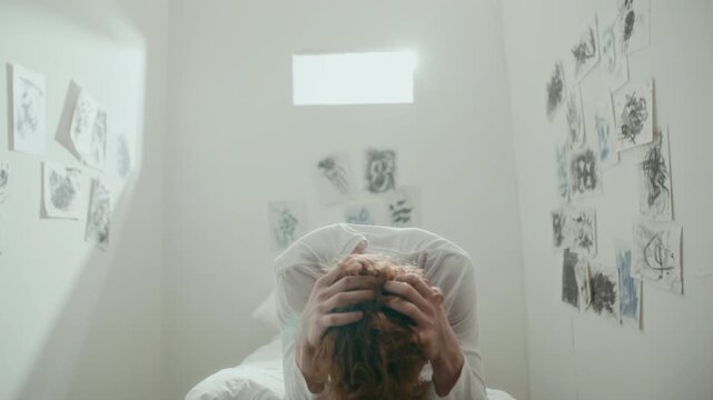 Young male patient sitting on bed in psychiatric ward with sketches on walls, leaning forward with head in hands, then smiling insanely at camera. Video portrait, zoom shot