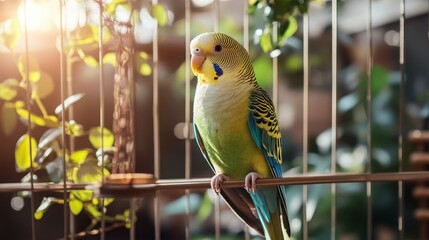 Obraz premium Colorful Budgie Perched on Birdcage with Green Plants in Background