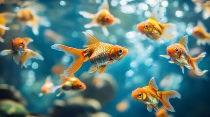 Fototapeta premium Vibrant Goldfish Swimming Gracefully in Clear Aquarium Water