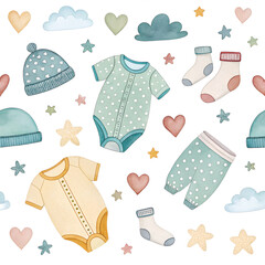 Baby-themed shapes pattern &ndash; onesies, socks, hats in neutral watercolor style.
