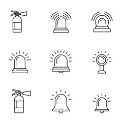 Set of line icons representing fire safety alarms and emergency response equipment
